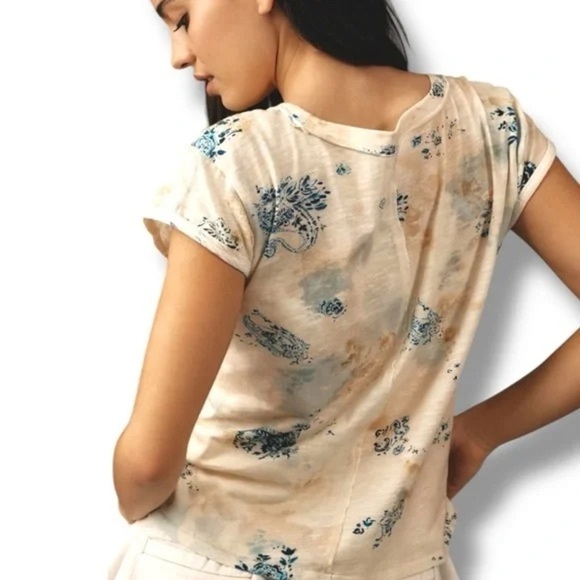 Pilcro Anthropologie Watercolor Paisley Floral Raw Seamed 100% Cotton Tee sz M - Picture 2 of 10